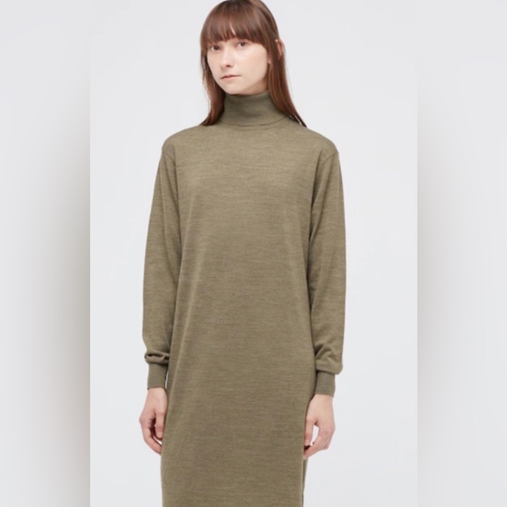 NEW Uniqlo Women’s U Merino-Blend Turtleneck Sweater Dress Khaki Sz XS